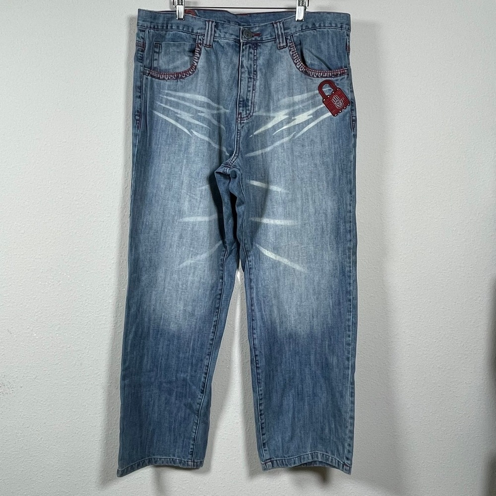 Miskeen Relaxed Jeans Men 36 Blue Baggy Vintage Red Stitching Padlock Y2K Skater